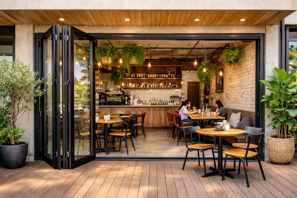 บานเฟี้ยมอลูมิเนียม ร้านอาหาร คาเฟ่ เปิด facade กว้าง